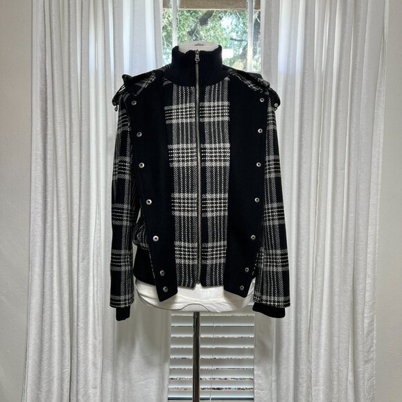 New York & Company Plaid Hooded Jacket Black White M Snap Zip Wool Blend - Picture 3 of 12